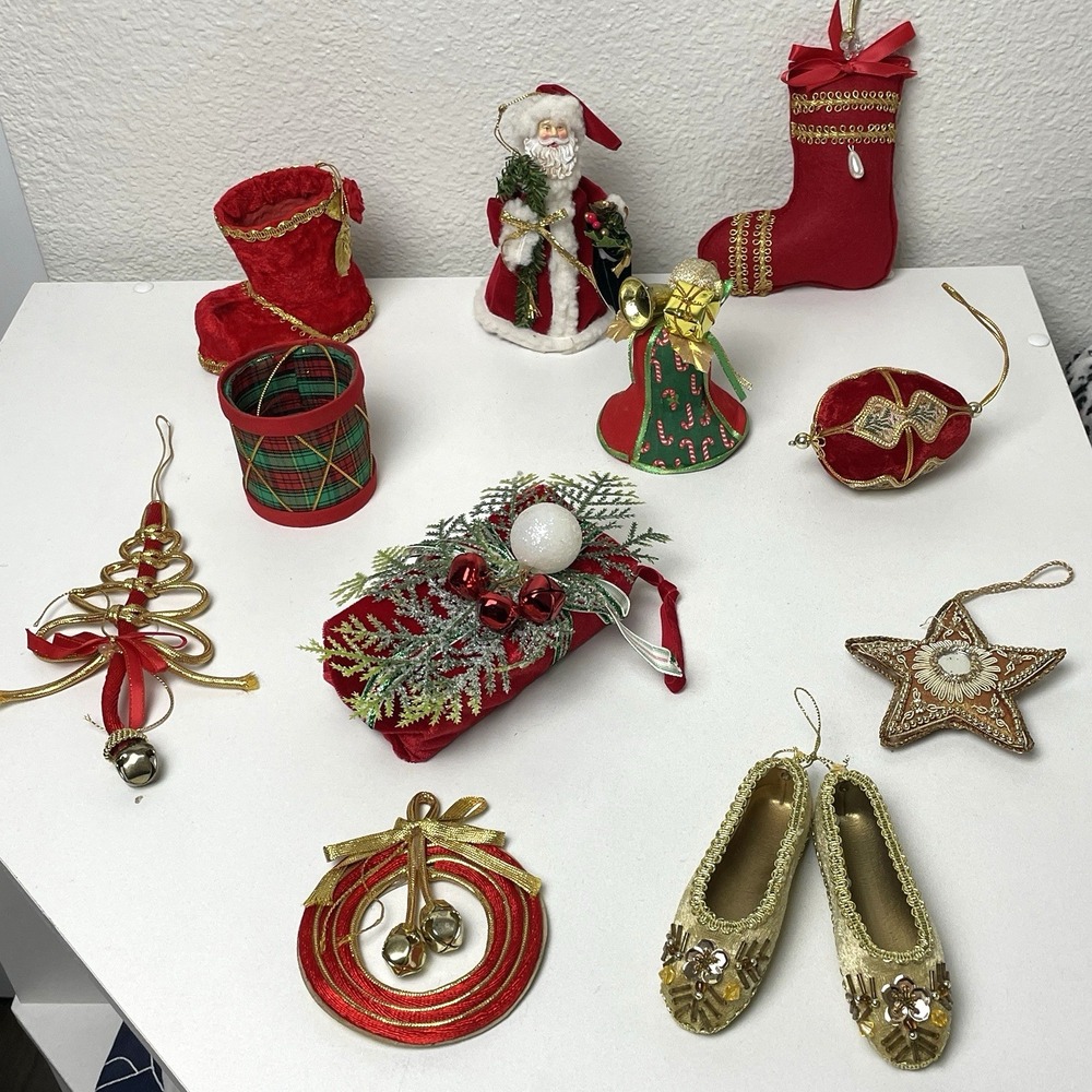 Vintage Red Velvet Gold Fabric Christmas Ornaments Lot 11 Handmade Victorian